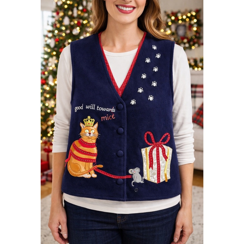 Karen Scott Sport Navy Blue Women's Vest Size‎ L Cat Mouse Christmas Theme